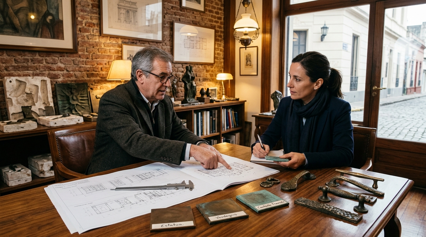 Reunión técnica con planos y muestras